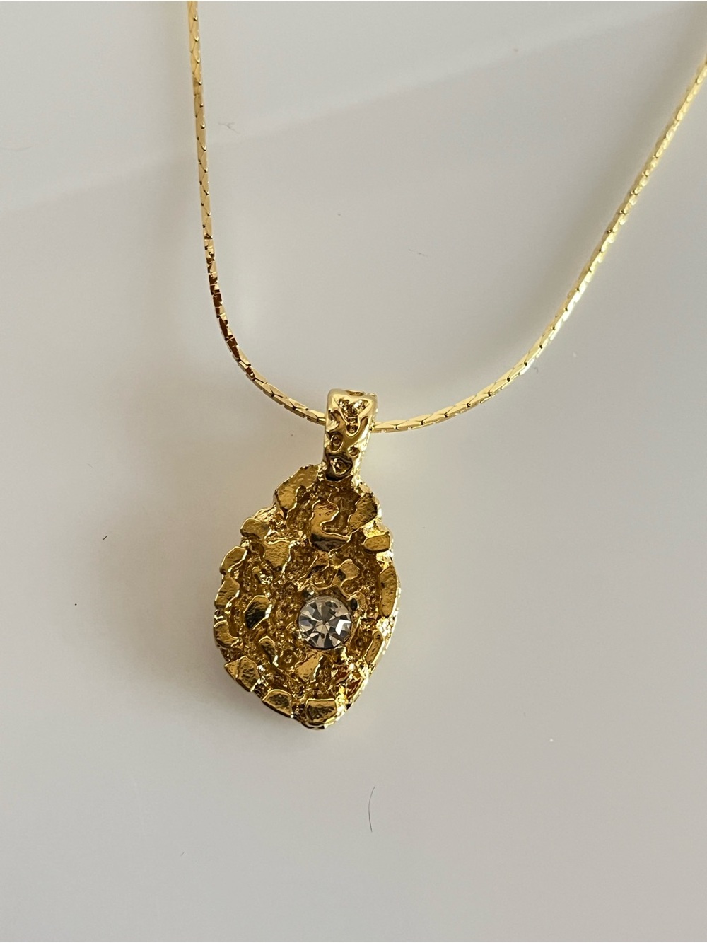 Vintage Gold Nugget Pendant Necklace with Clear Stone 16” chain